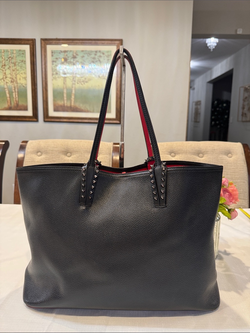 Authentic Christian Louboutin Black Leather Tote with Red Interior